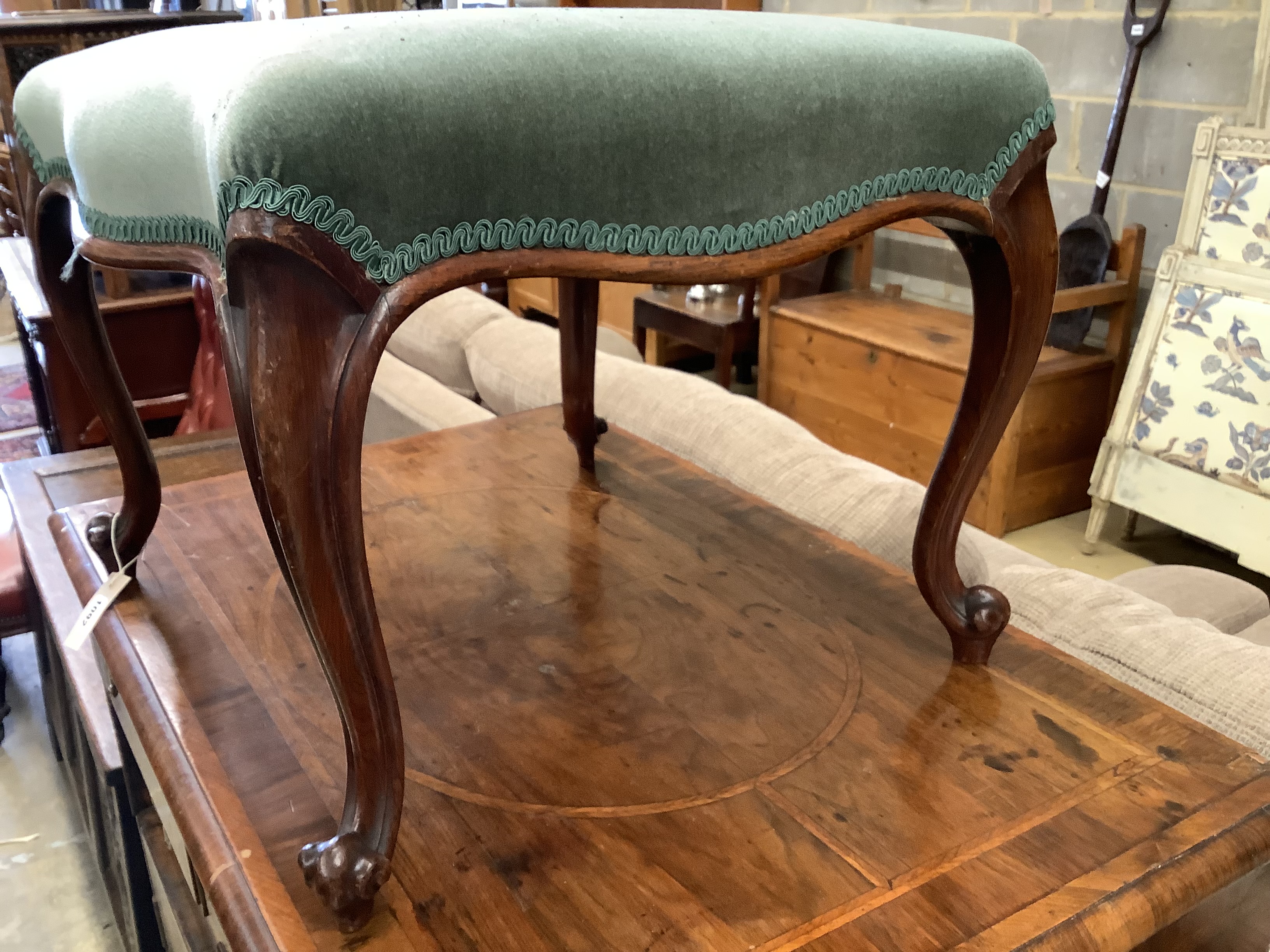 A Victorian rosewood dressing stool, length 54cm, depth 50cm, height 41cm